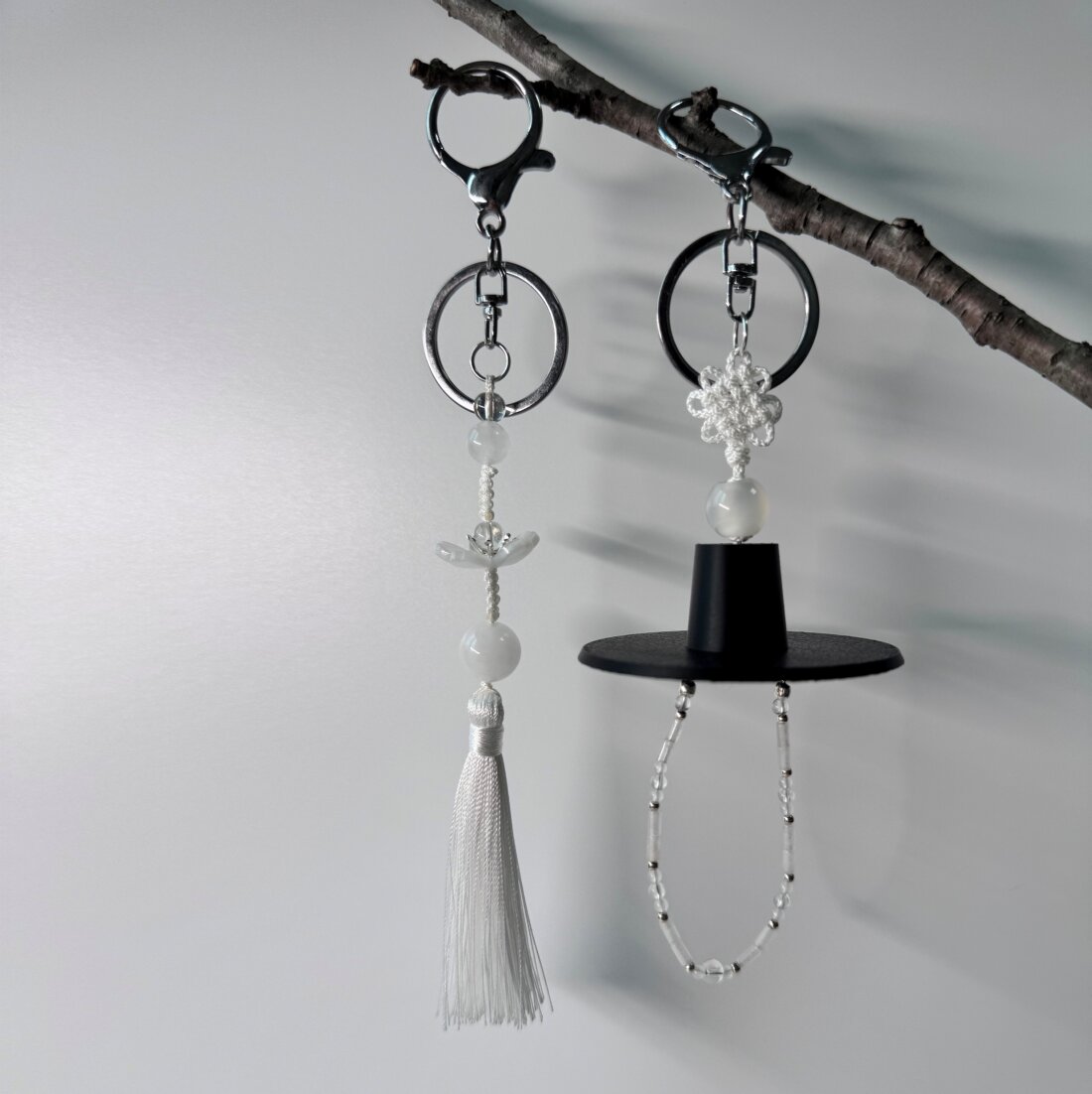 Monochrome Scholar Gat Keyring & Floral Norigae Keychains by Josun